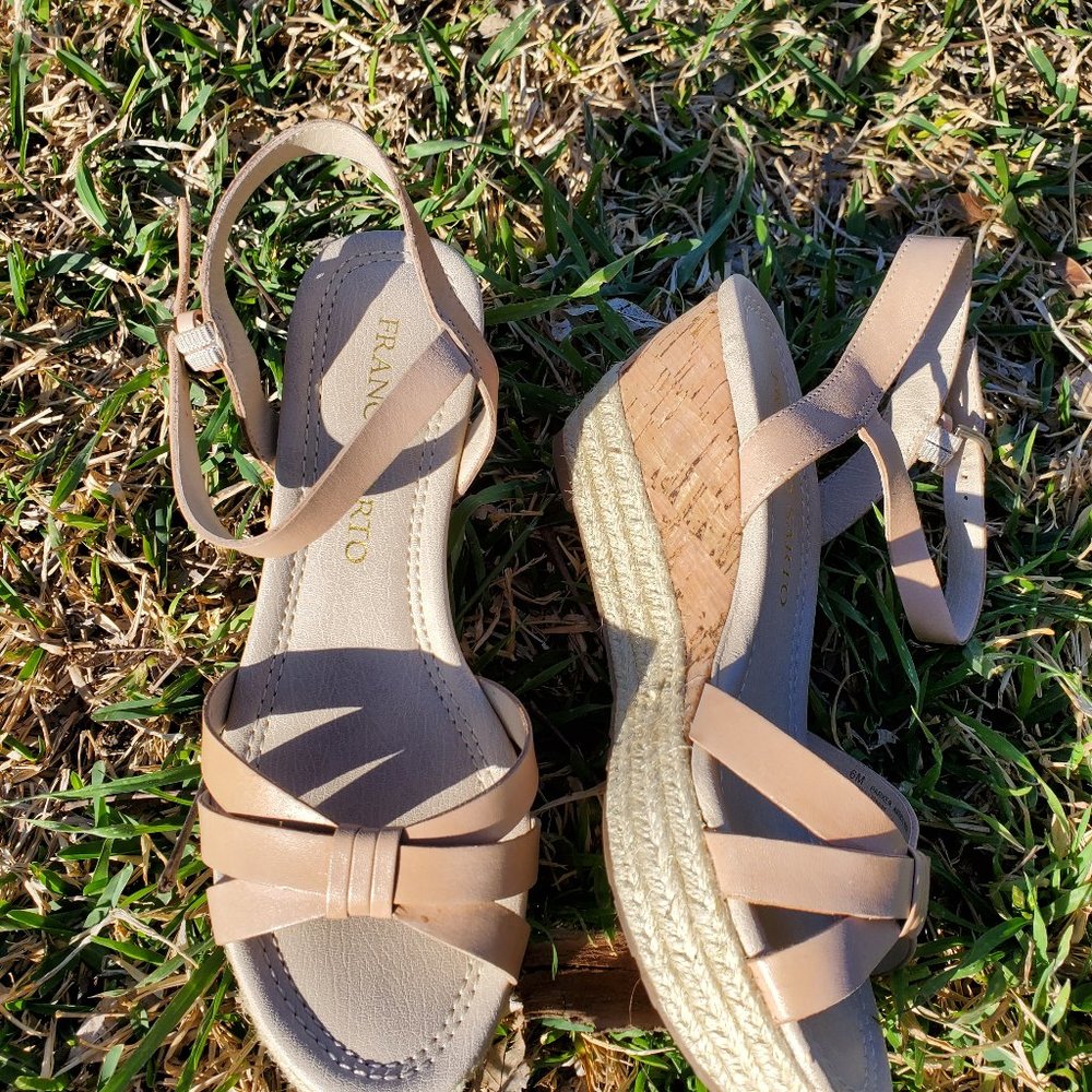 Espadrille sandal with jute wrap & cork heel.